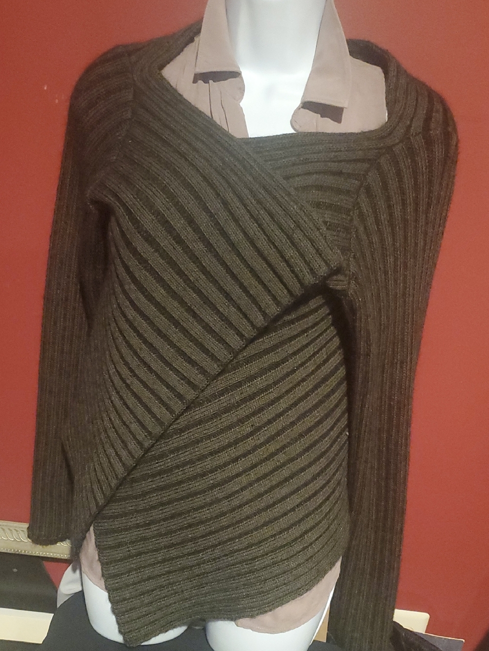Sarah Pacini Olive Ribbed Wrap-Front Sweater